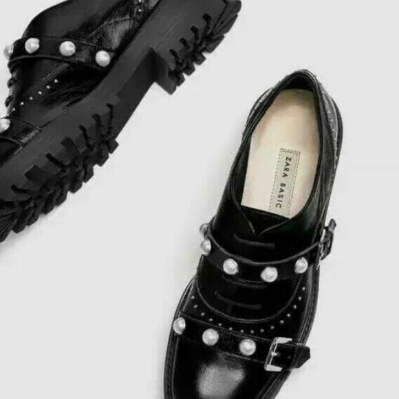 ZARA LEATHER DERBY SHOES W/ PEARLS & STUDS NEW - Picture 7 of 7
